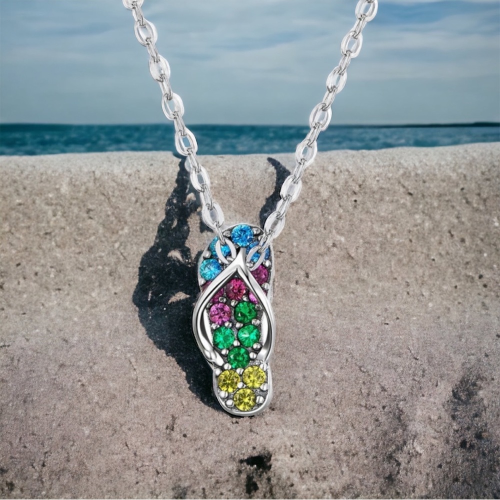 925 Sterling silver flip-flop necklace with multicolor CZ stones, 18 inch chain